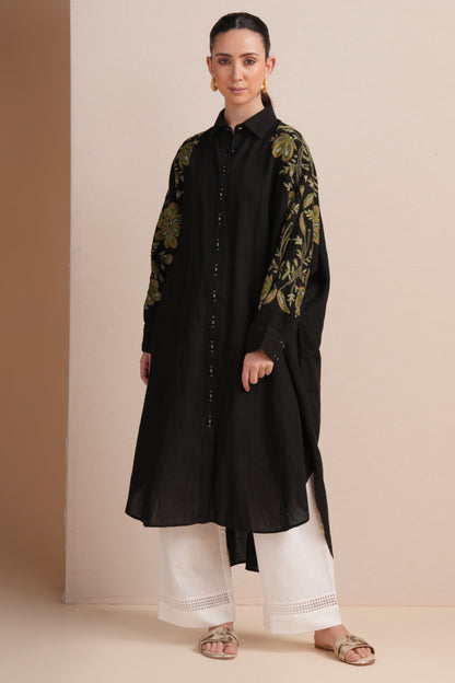 Linen Jet Black Kaftan Set