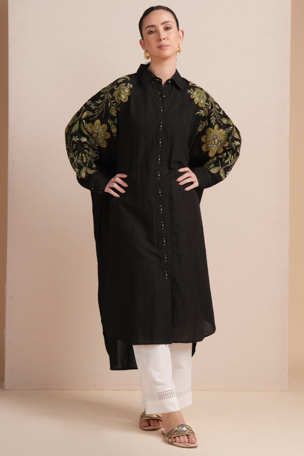 Linen Jet Black Kaftan Set