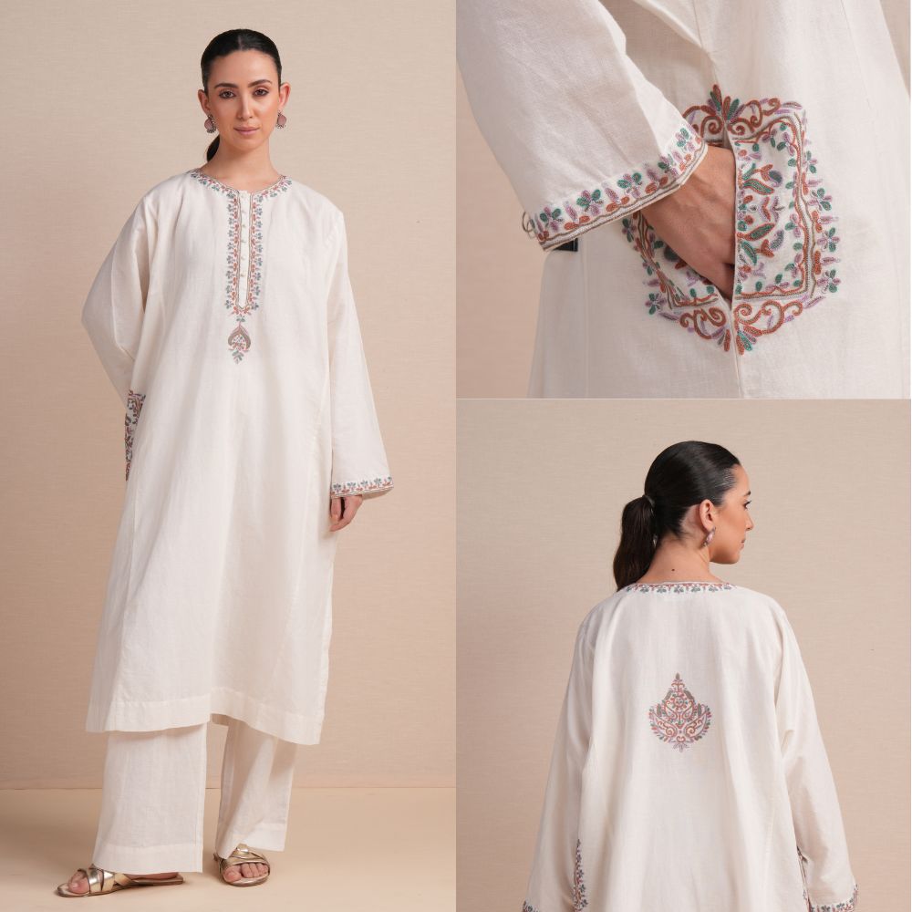 Linen White with Rust Embroidery Pheran Set