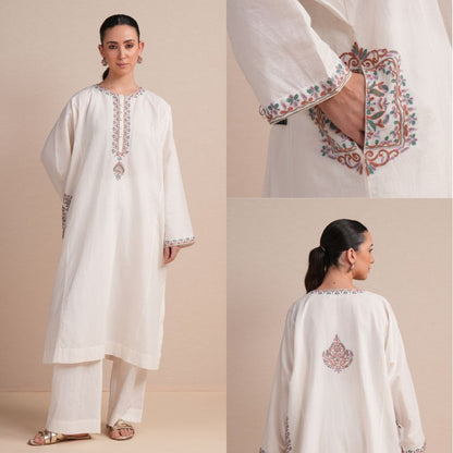 Linen White with Rust Embroidery Pheran Set