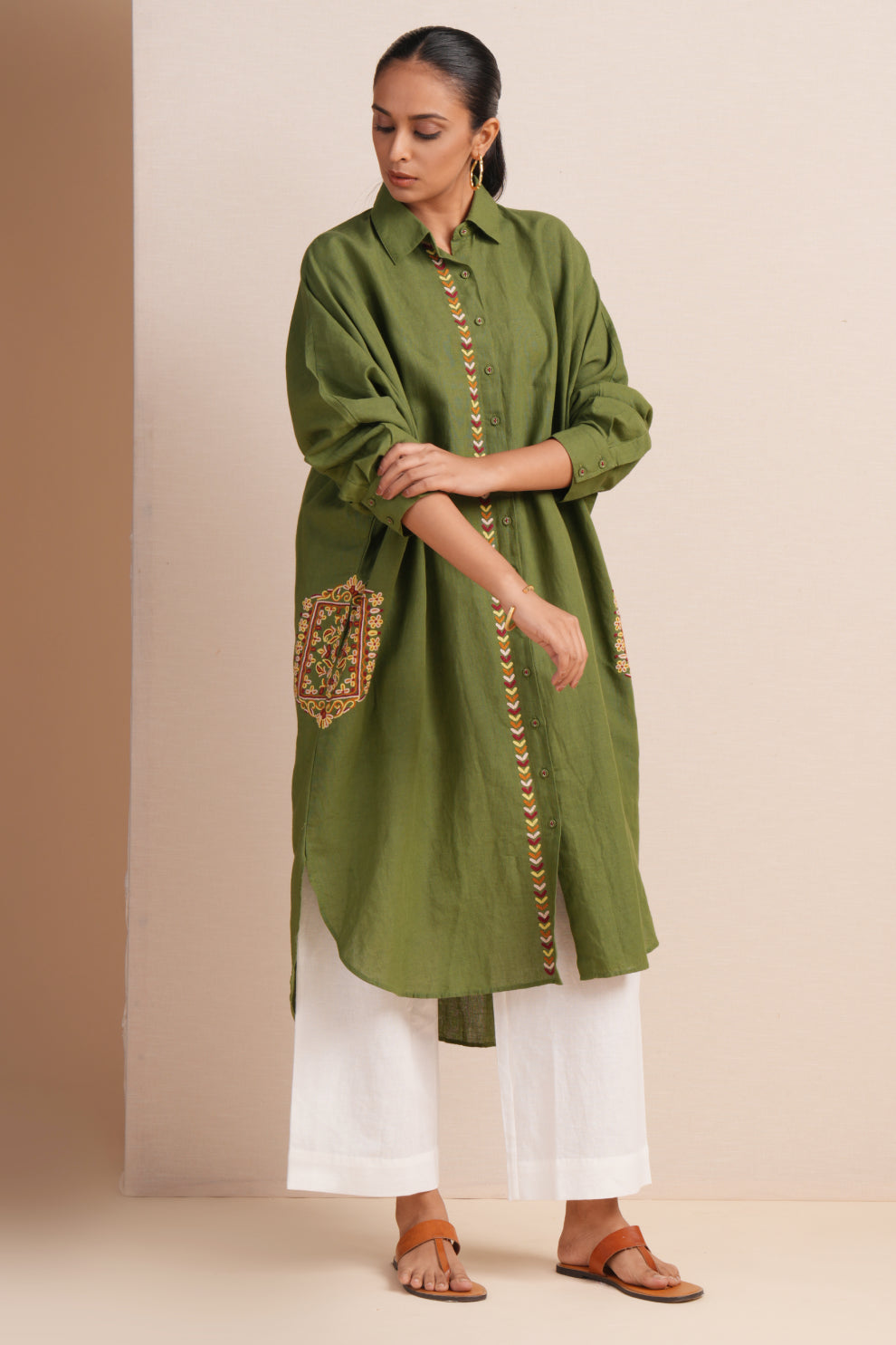 Linen Calla Green Kaftan Set