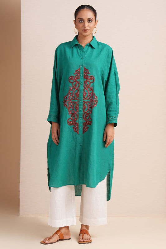 Linen Emerald Green Kaftan Set