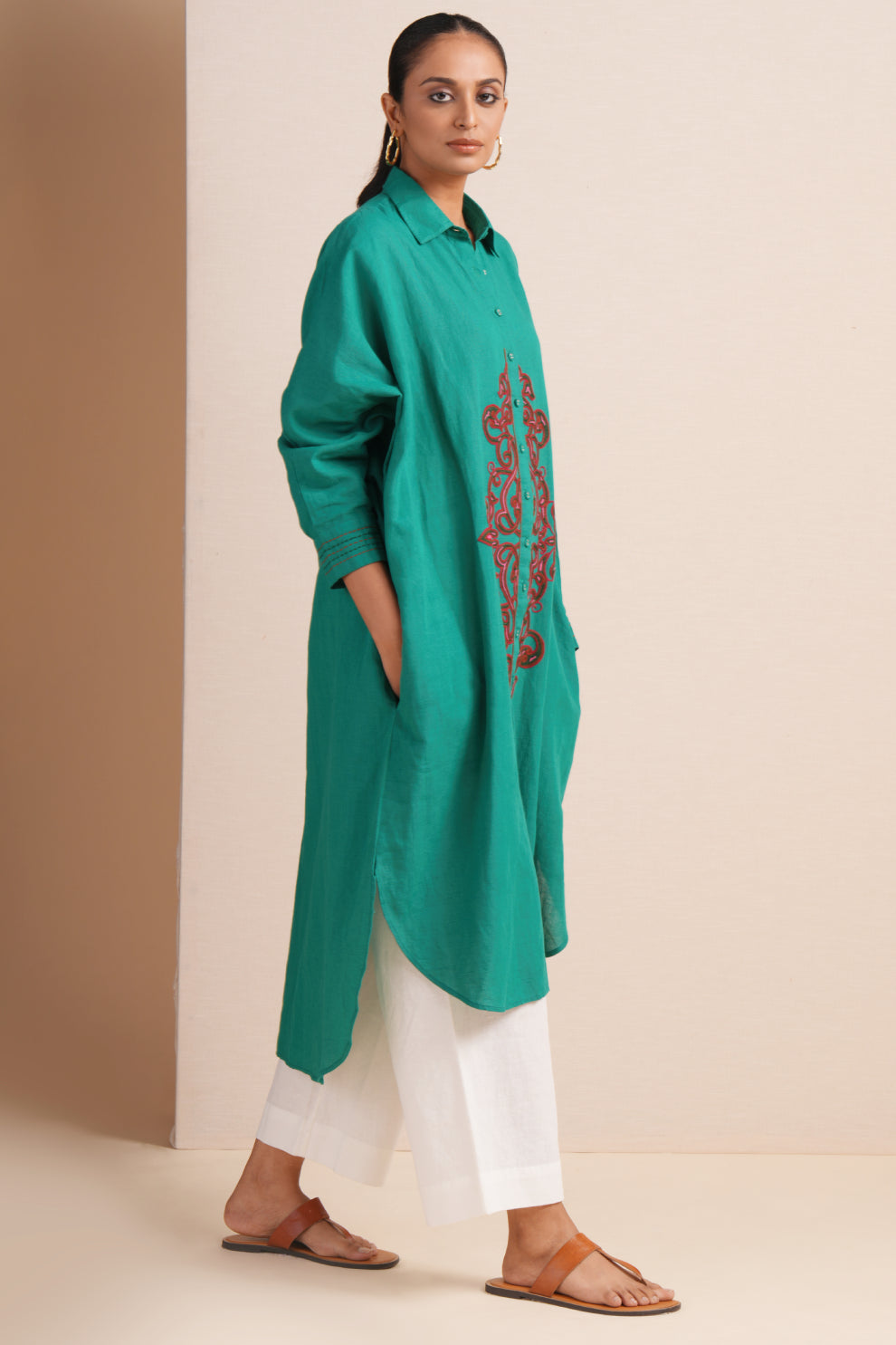 Linen Emerald Green Kaftan Set