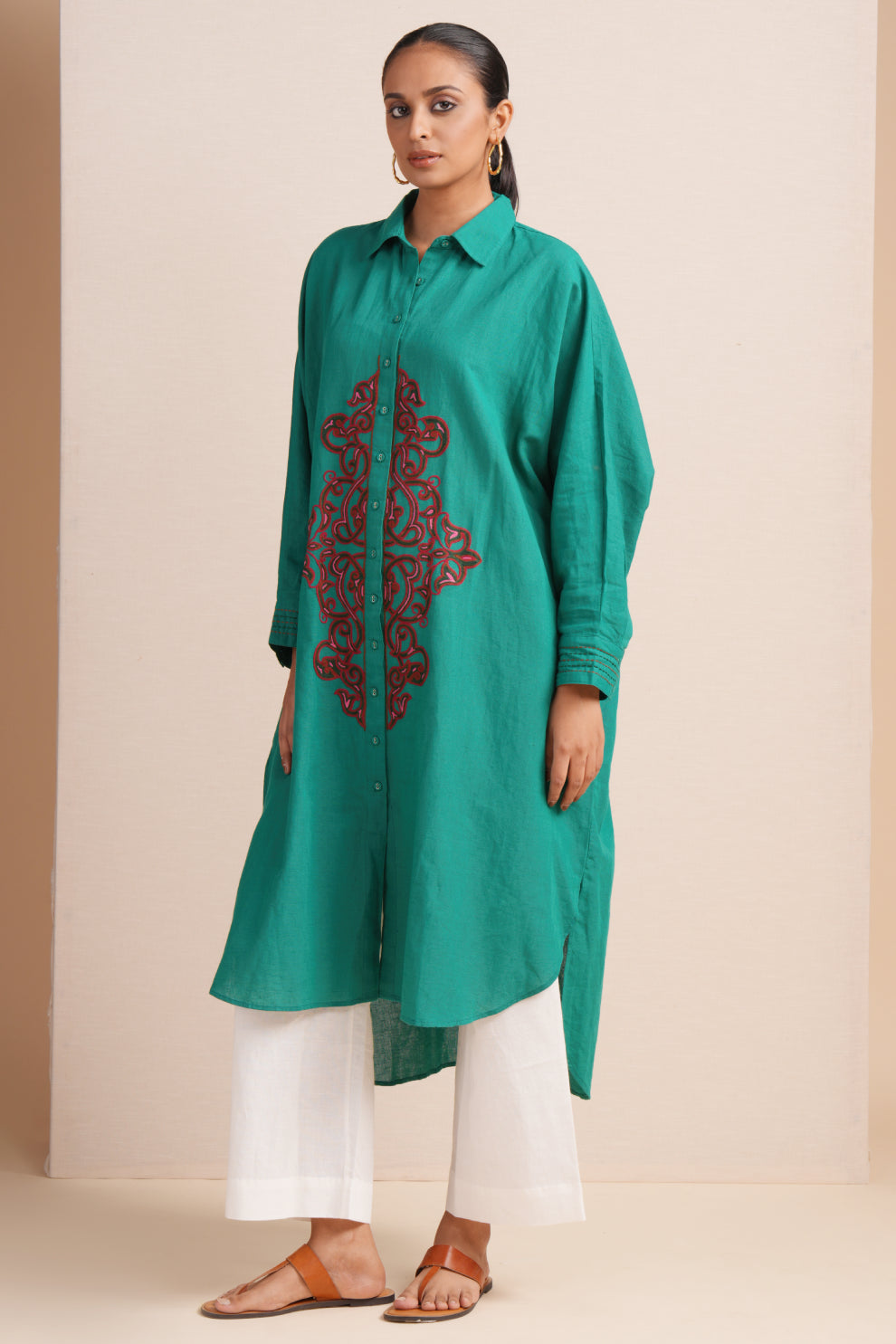 Linen Emerald Green Kaftan Set