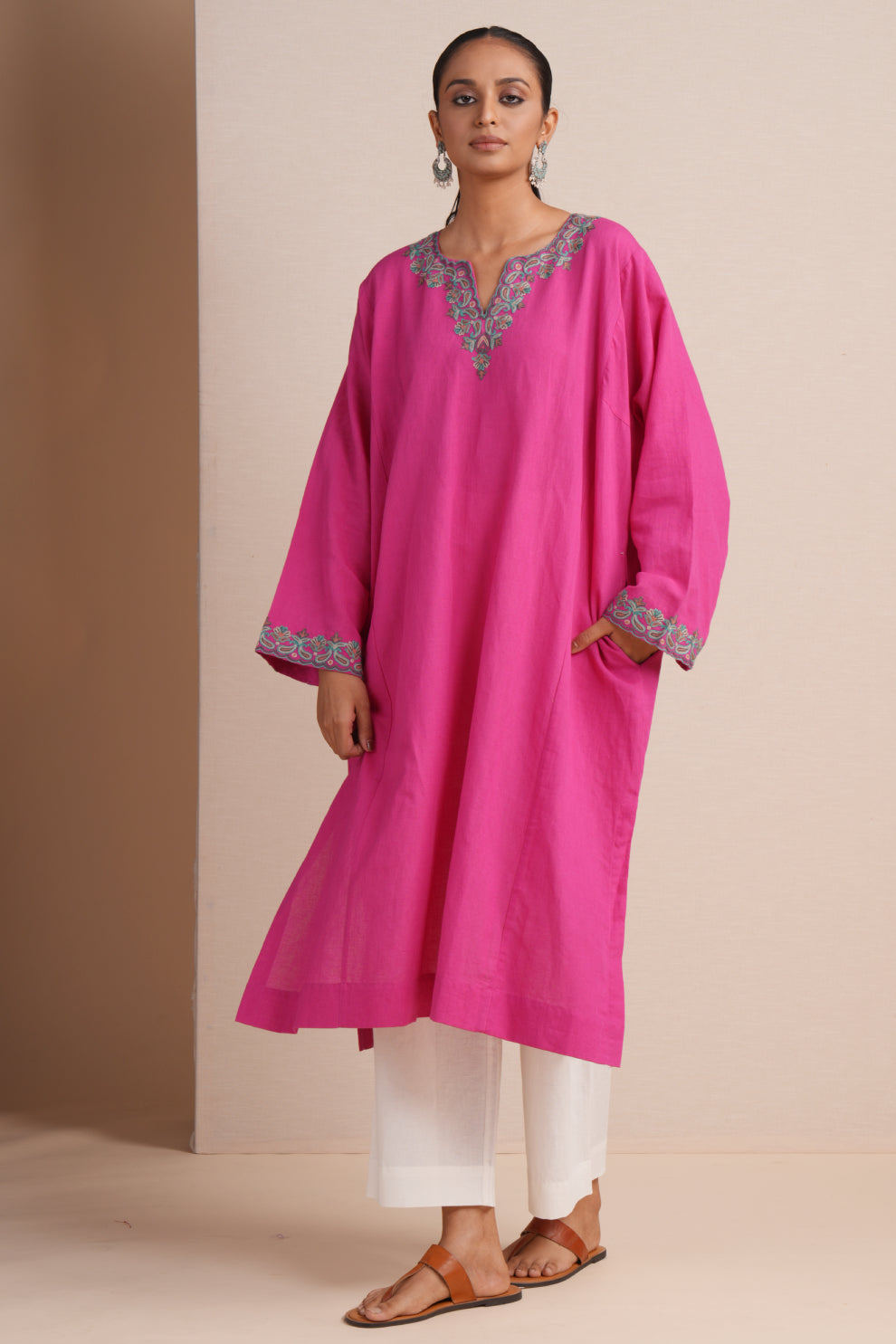 Linen Fuchsia Pink Pheran Set