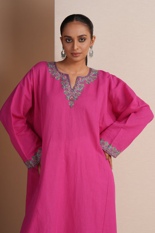 Linen Fuchsia Pink Pheran Set