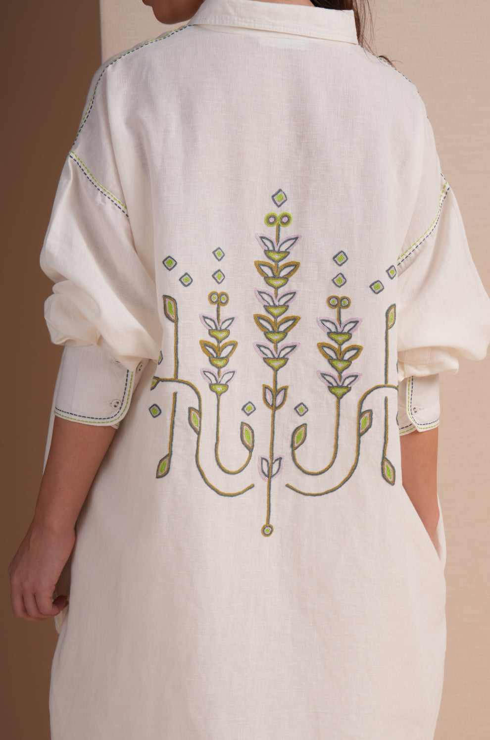 Linen High/Low Sap Green Embroidery Shirt Set