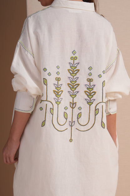 Linen High/Low Sap Green Embroidery Shirt Set