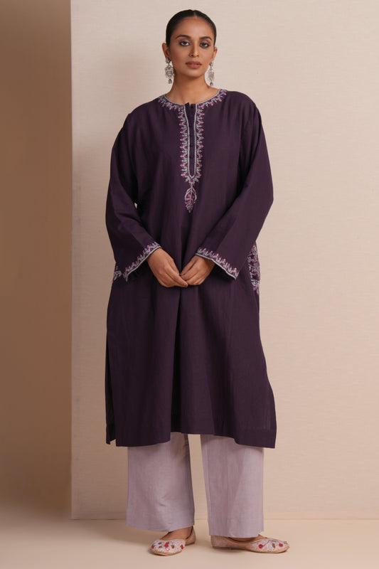Linen Purple Plumeria Pheran Set