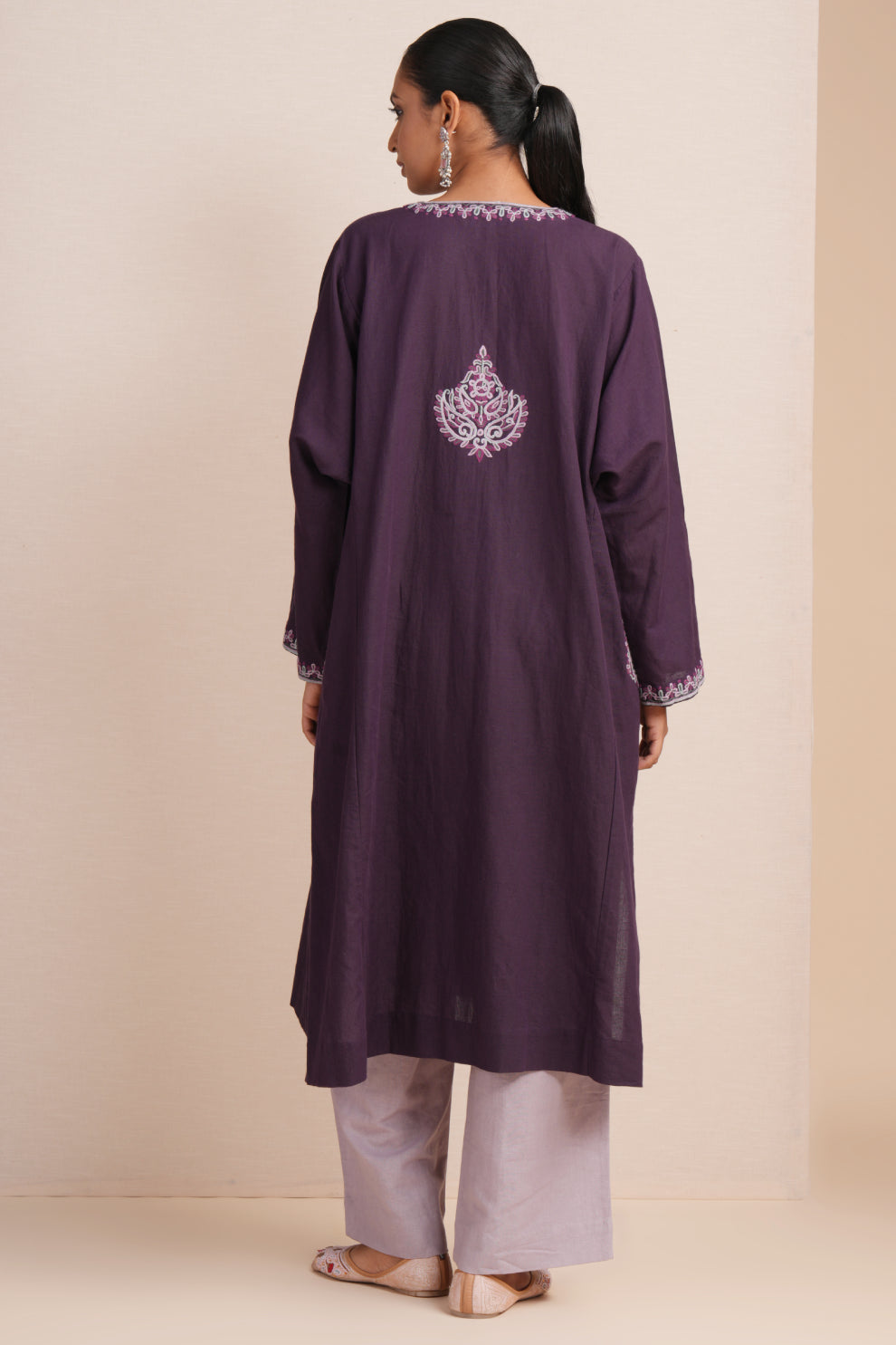 Linen Purple Plumeria Pheran Set