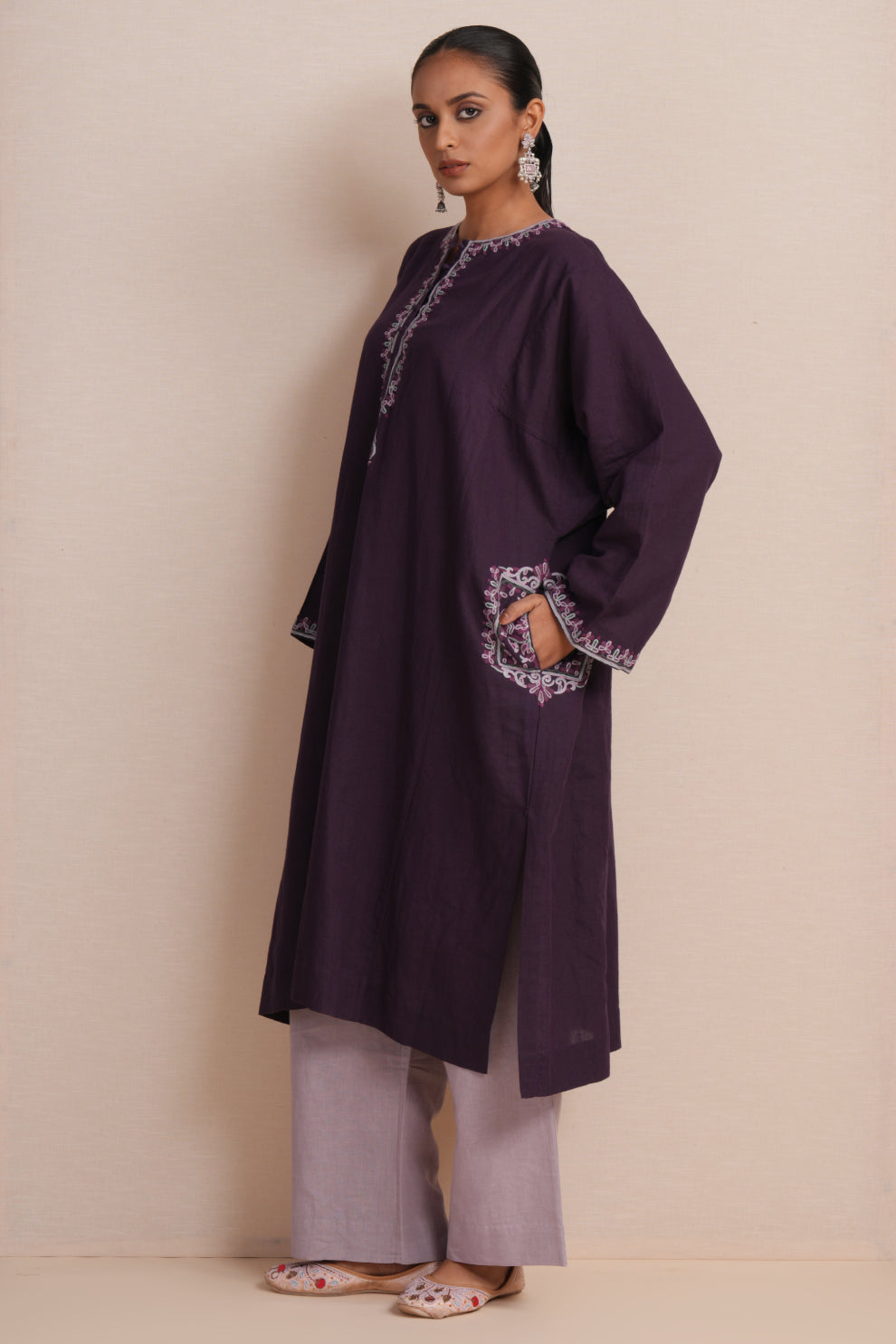Linen Purple Plumeria Pheran Set