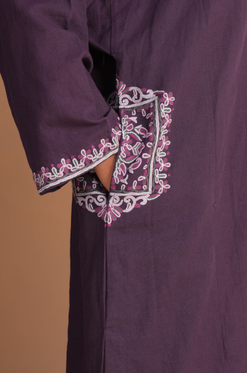 Linen Purple Plumeria Pheran Set