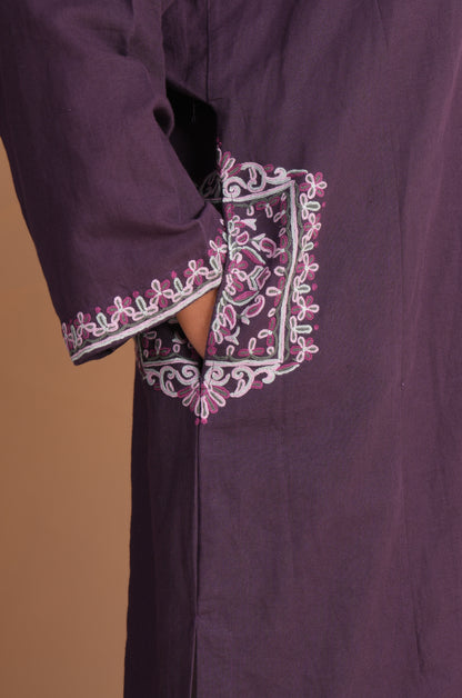 Linen Purple Plumeria Pheran Set