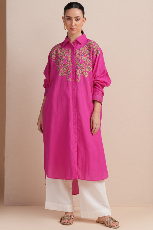 Linen Rani Pink Kaftan Set