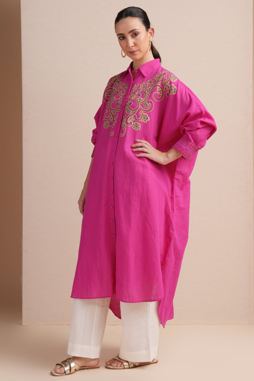 Linen Rani Pink Kaftan Set