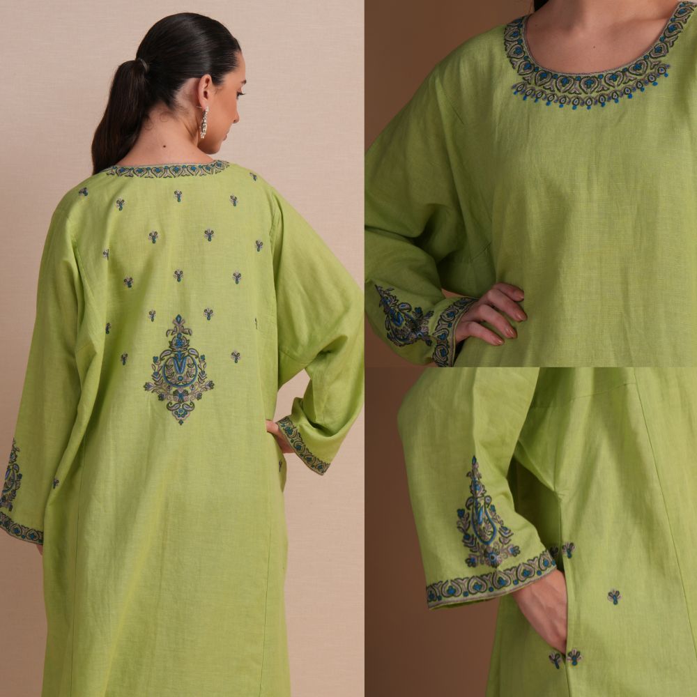 Linen Sap Green Pheran Set