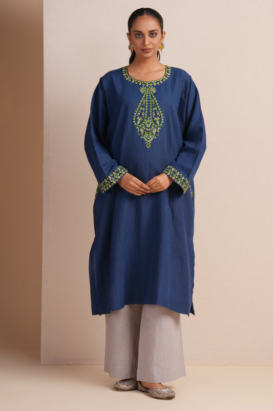 Linen True Navy Pheran Set