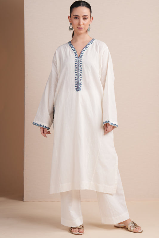 Linen White with Blue Embroidery Pheran Set