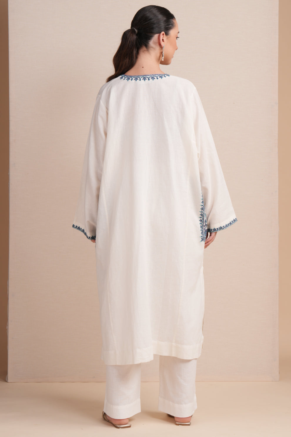 Linen White with Blue Embroidery Pheran Set