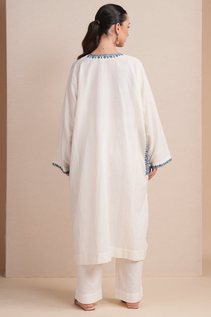 Linen White with Blue Embroidery Pheran Set