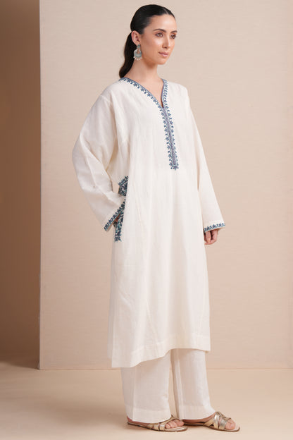 Linen White with Blue Embroidery Pheran Set