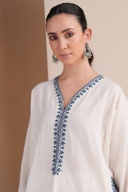 Linen White with Blue Embroidery Pheran Set
