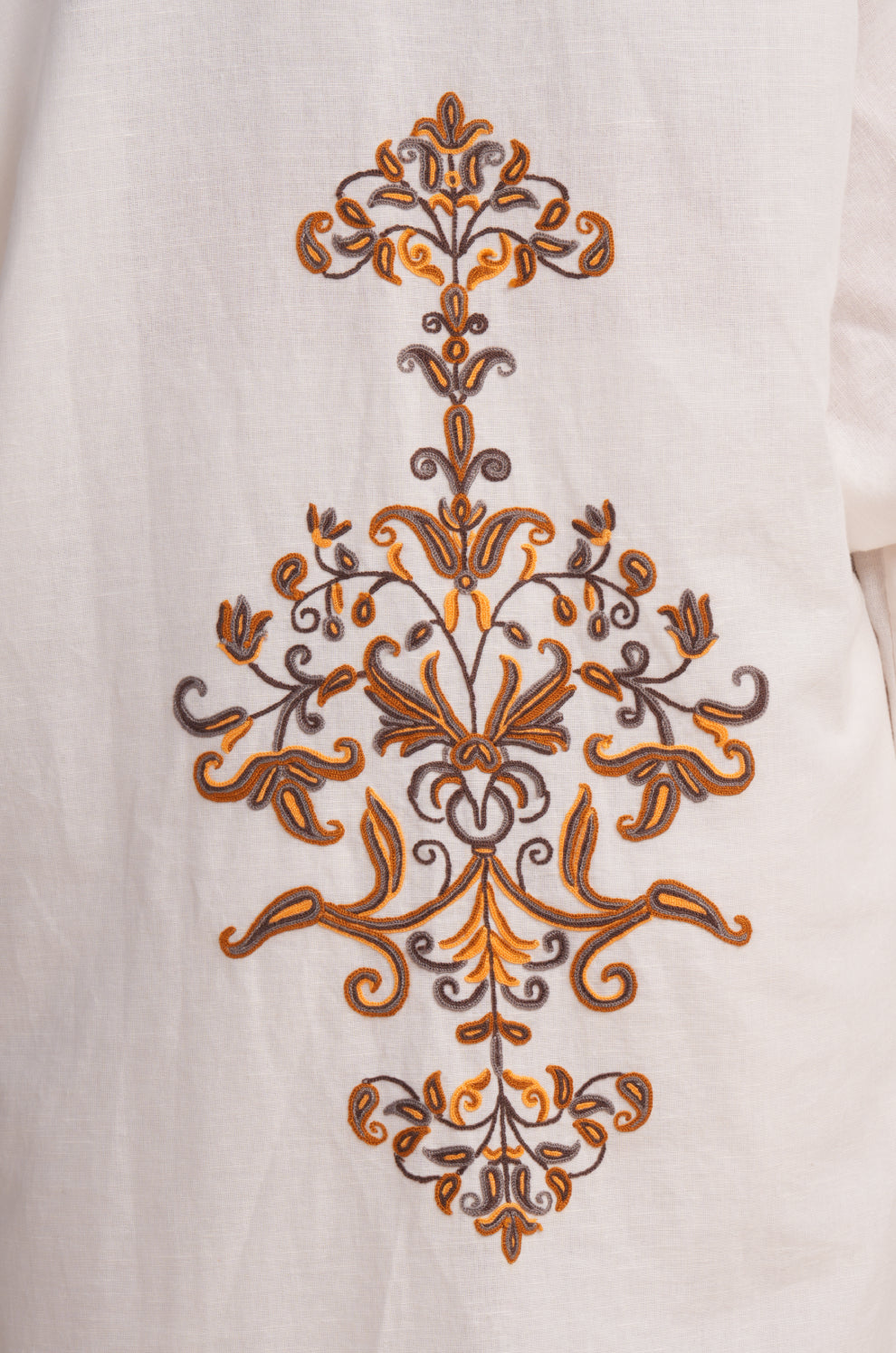 Linen White with Brown & orange Embroidery Kaftan Set