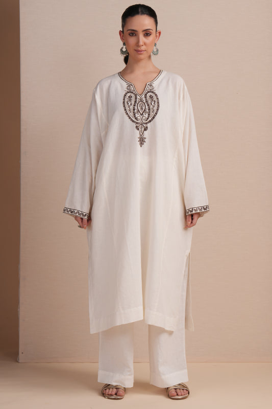 Linen White with Brown Embroidery Pheran Set