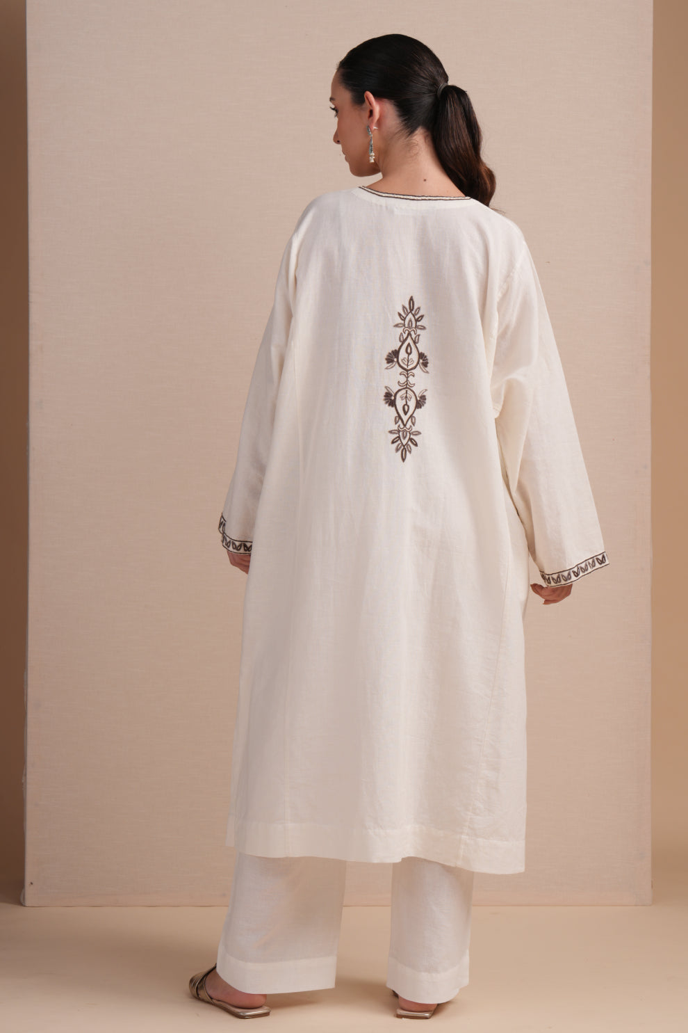Linen White with Brown Embroidery Pheran Set