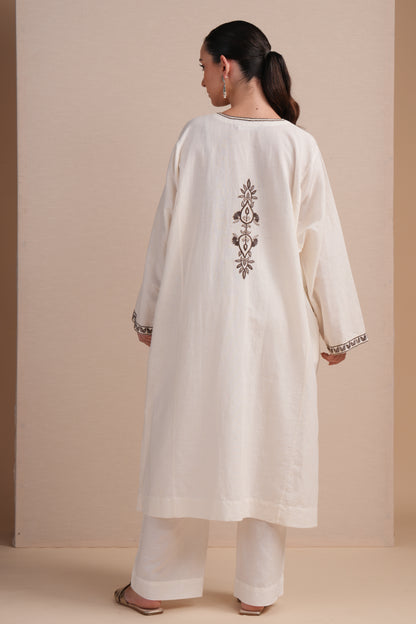 Linen White with Brown Embroidery Pheran Set