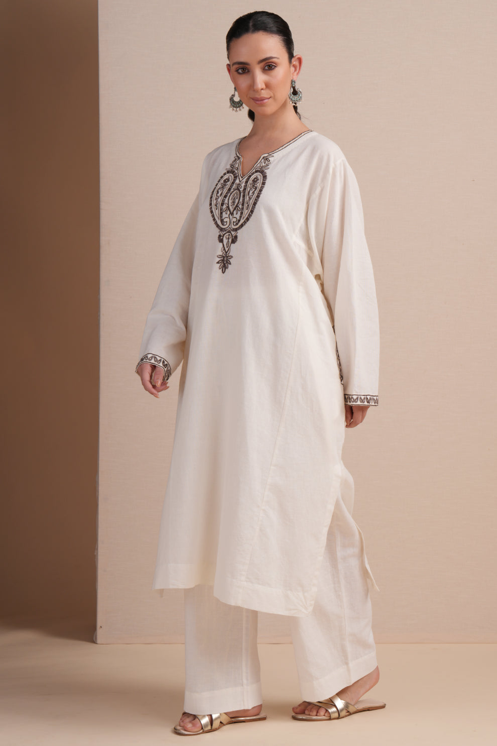 Linen White with Brown Embroidery Pheran Set