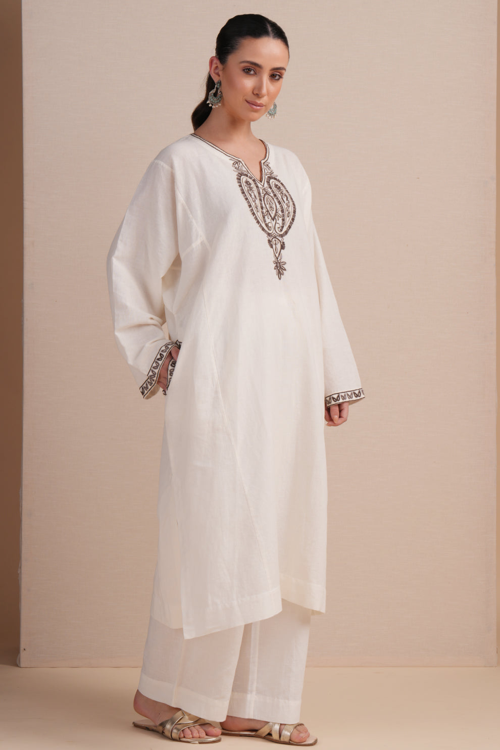 Linen White with Brown Embroidery Pheran Set