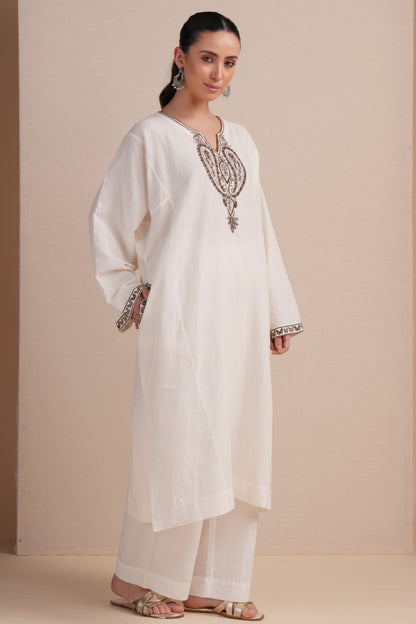 Linen White with Brown Embroidery Pheran Set