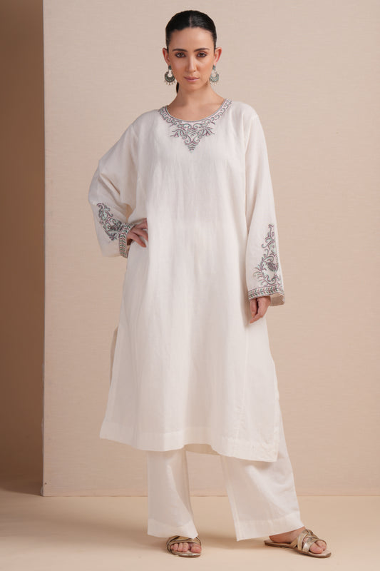 Linen White with Cyan Embroidery Pheran Set