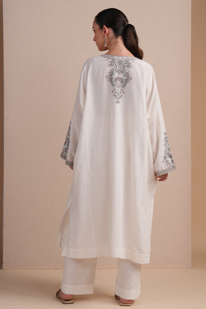 Linen White with Cyan Embroidery Pheran Set