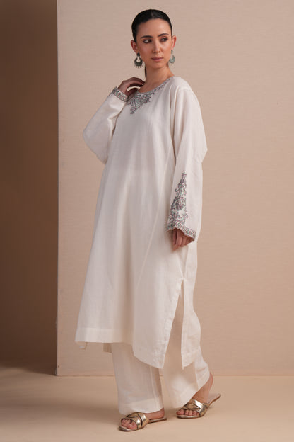 Linen White with Cyan Embroidery Pheran Set