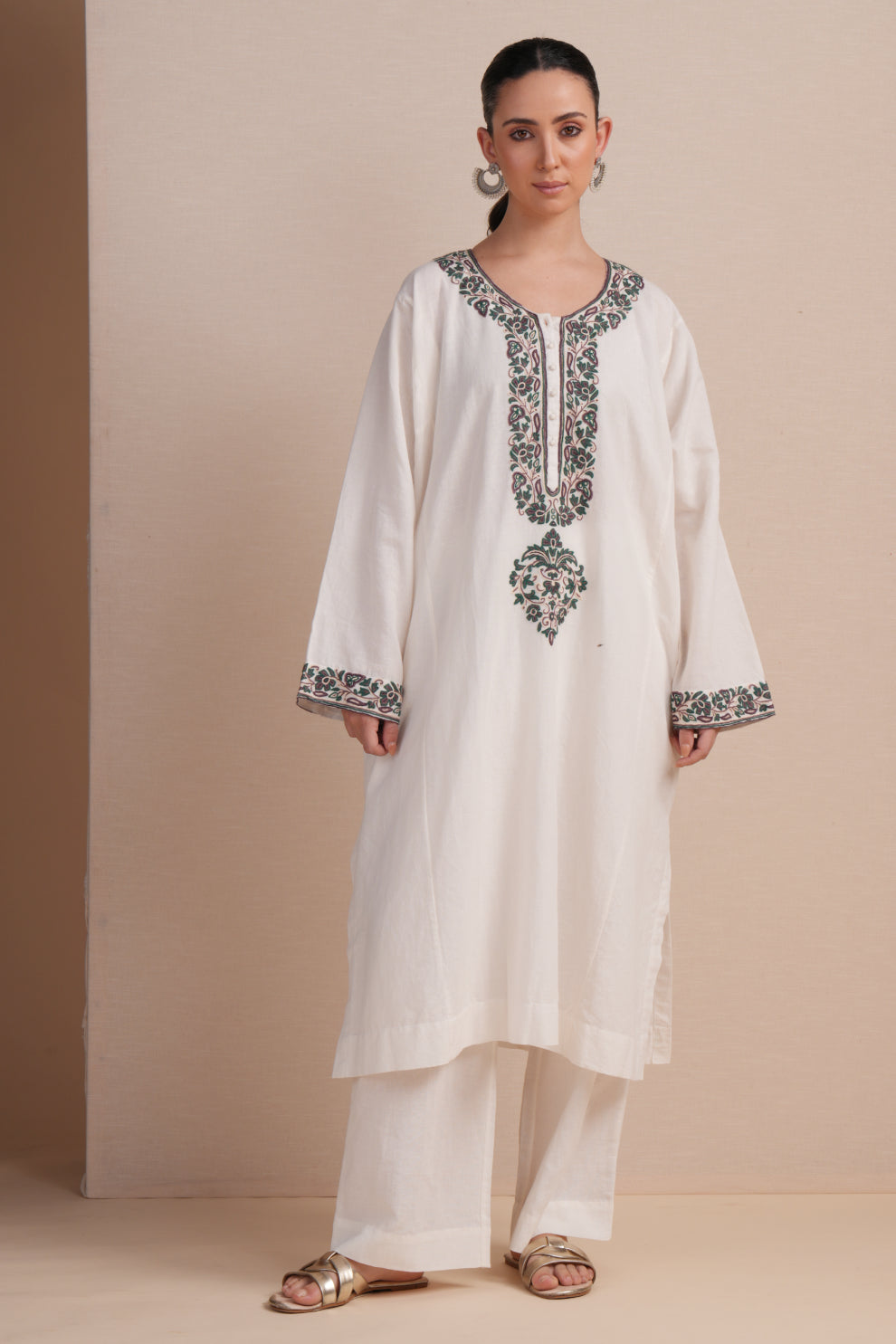 Linen White with Green Embroidery Pheran Set