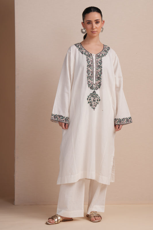 Linen White with Green Embroidery Pheran Set