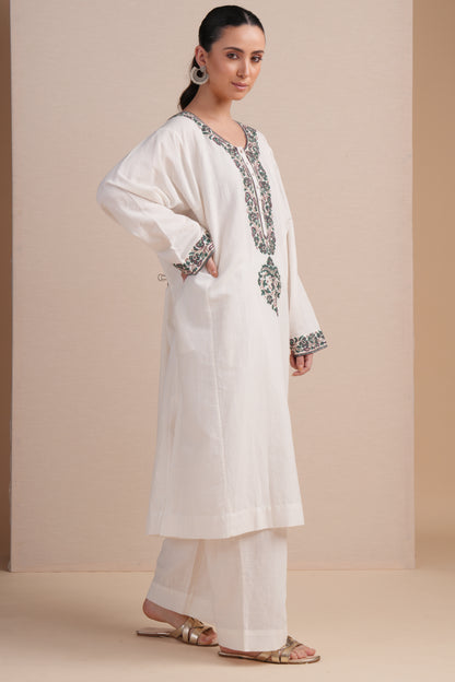 Linen White with Green Embroidery Pheran Set