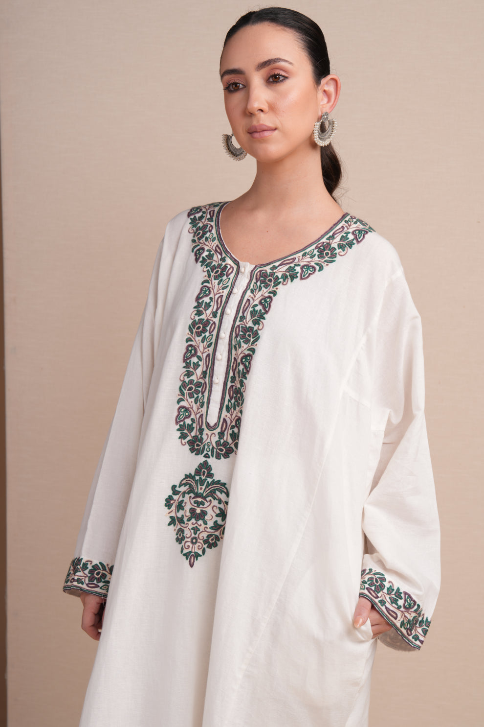 Linen White with Green Embroidery Pheran Set