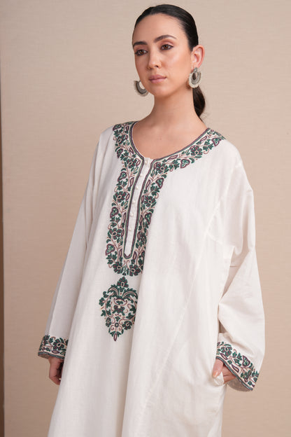 Linen White with Green Embroidery Pheran Set