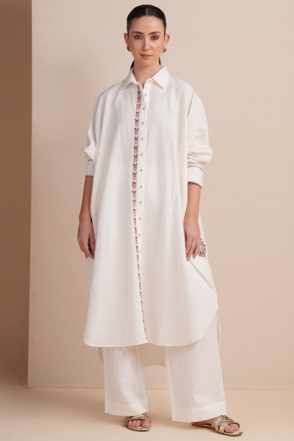 Linen White with Maroon Embroidery Kaftan Set