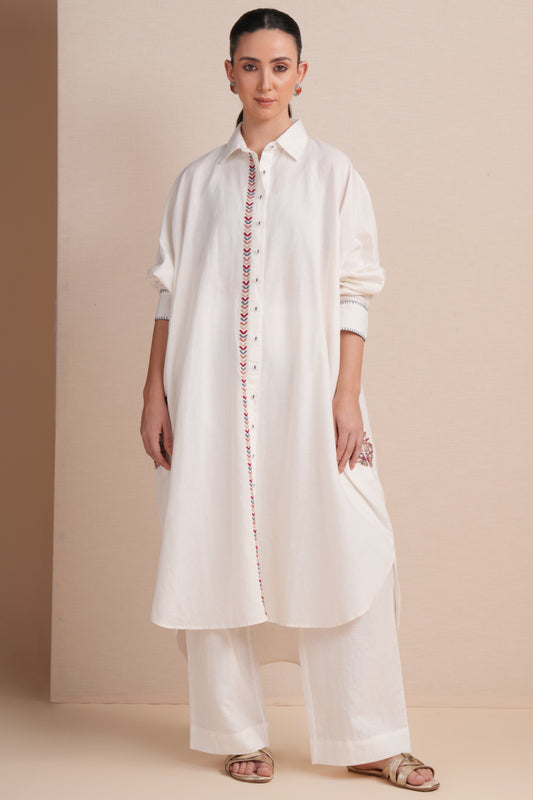Linen White with Maroon Embroidery Kaftan Set