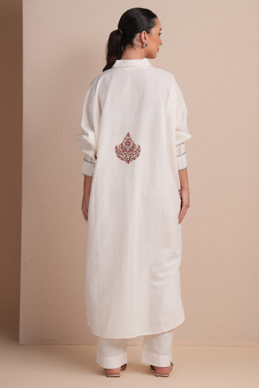 Linen White with Maroon Embroidery Kaftan Set