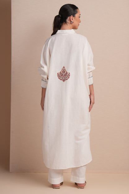 Linen White with Maroon Embroidery Kaftan Set