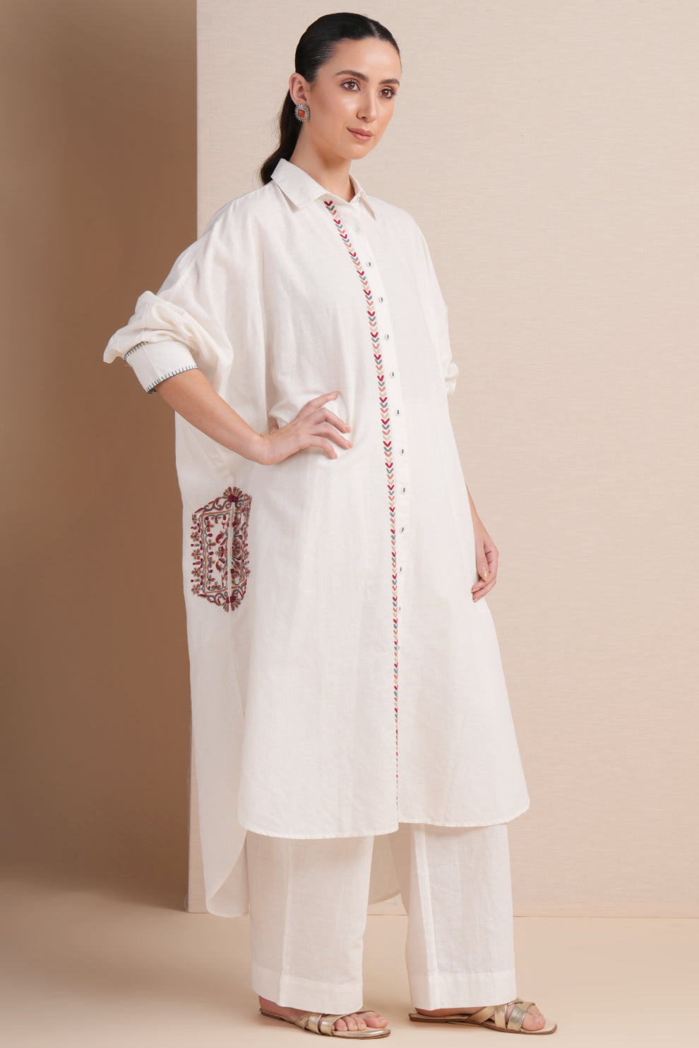 Linen White with Maroon Embroidery Kaftan Set