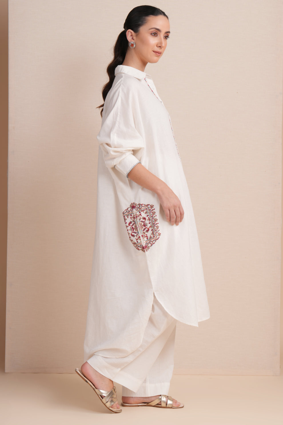 Linen White with Maroon Embroidery Kaftan Set