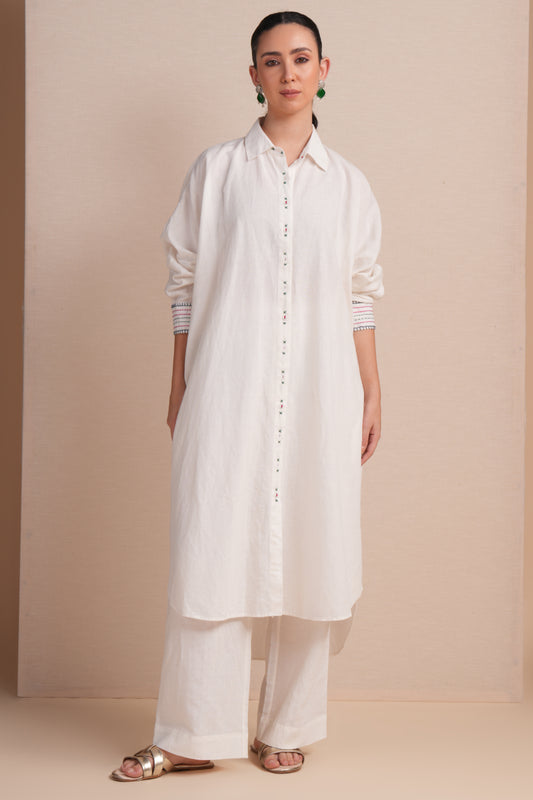 Linen White with Rani Pink  Embroidery Kaftan Set