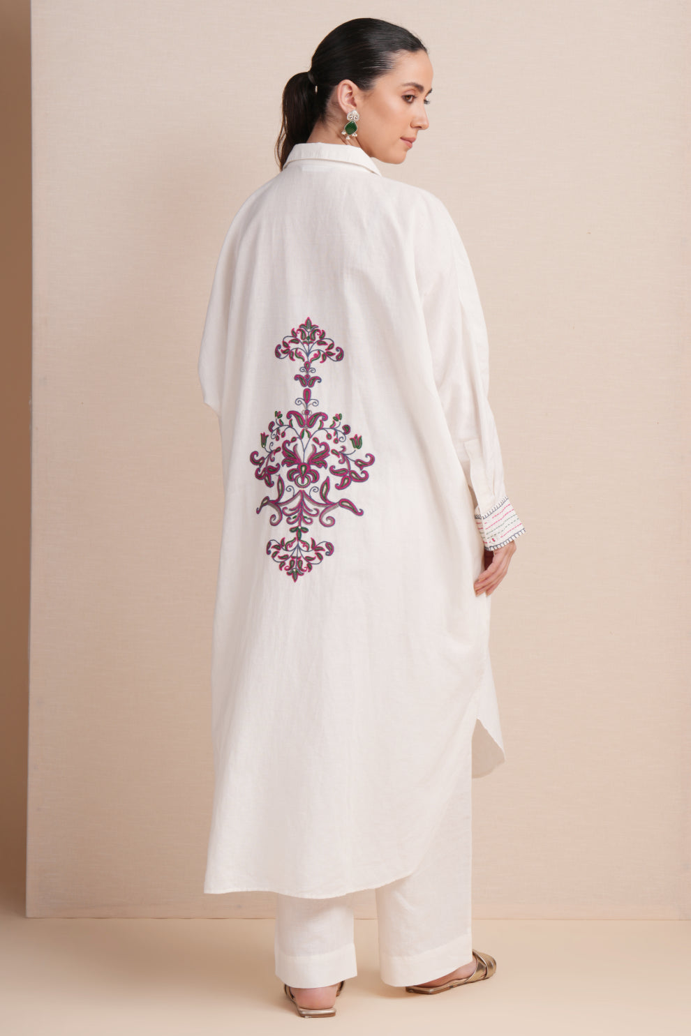 Linen White with Rani Pink  Embroidery Kaftan Set