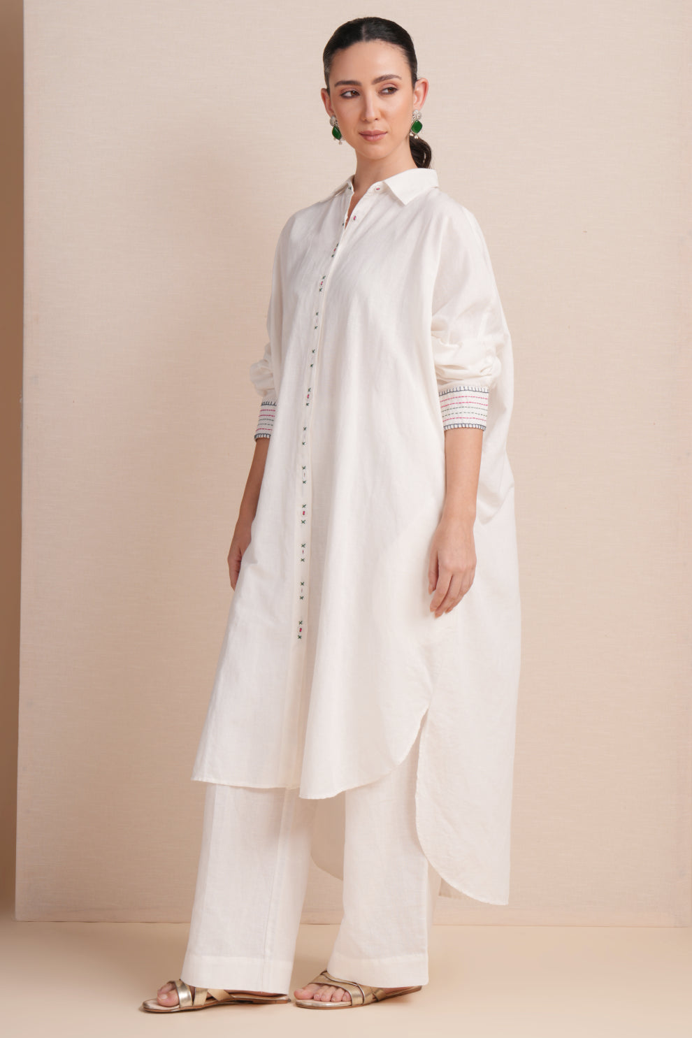 Linen White with Rani Pink  Embroidery Kaftan Set